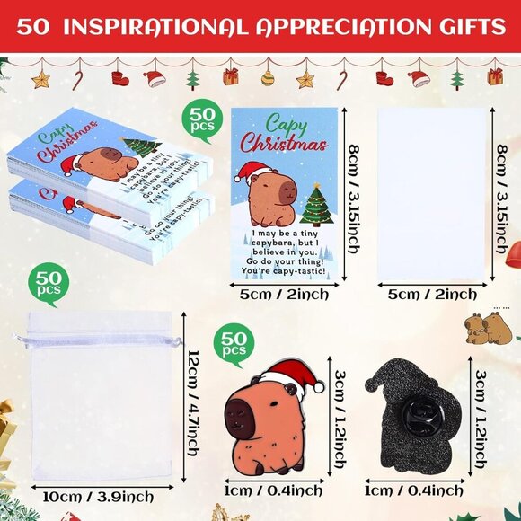 Bulk Christmas Employee Gift Set: Capybara Pins, Xmas Cards & Organza Bags - 50